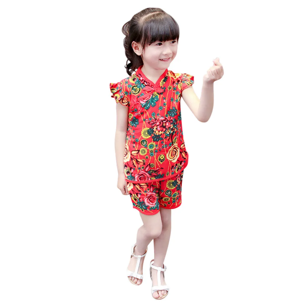 Одежда для маленьких девочек топы с цветочным принтом футболка шорты рукав