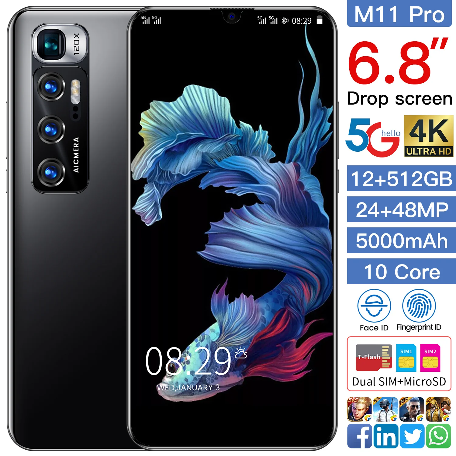 Global Version M11 Pro 6.8" Smartphone 10Core MTK6889 5000mAh 12+512GB Face Fingerprint Dual Unlock 5G Android Network Cellphone |