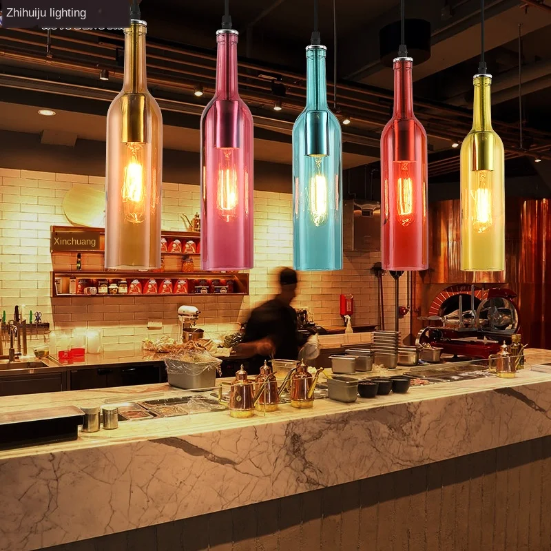 

Vintage creative beer bottle glass pendant light LED E27 with 5 colors loft hanging lamp for bar kitchen restaurant bedroom shop