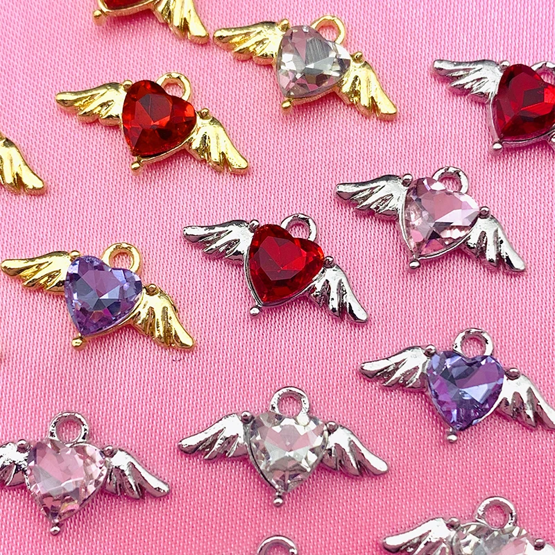 

10Pcs Colorful Angle Wings Crystal Heart Pendant Charms Golden Silver Metal Accessories With Hole DIY Jewelry Earring Findings
