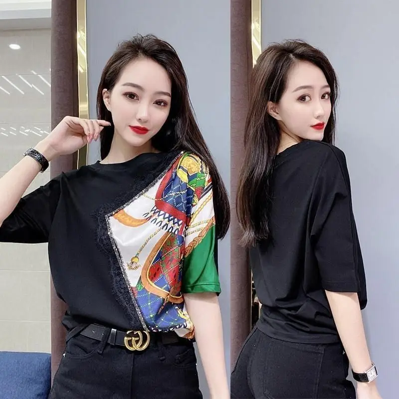 

2021 summer new foreign style small cedar lace stitching printing contrast T-shirt women's short sleeve fashion jacket