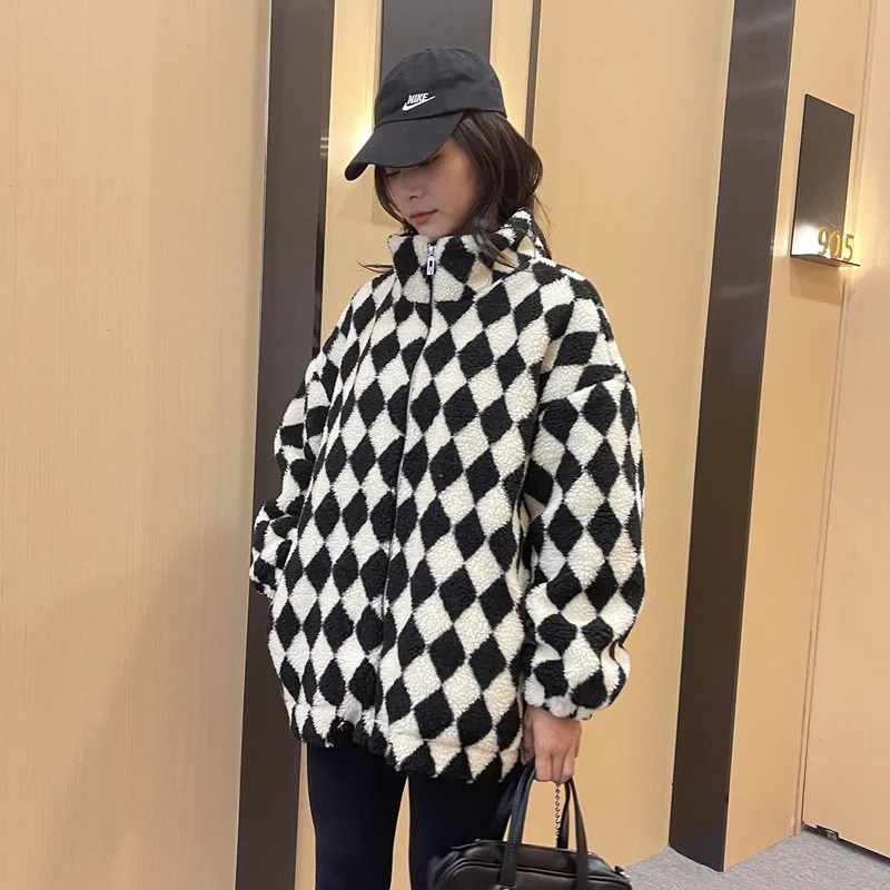 

Korean Stand Collar Casual Plaid Faux Lamb Fur Coat Autumn Winter Women Loose Casual Long Sleeve Plush Outwear Chaqueta Mujer