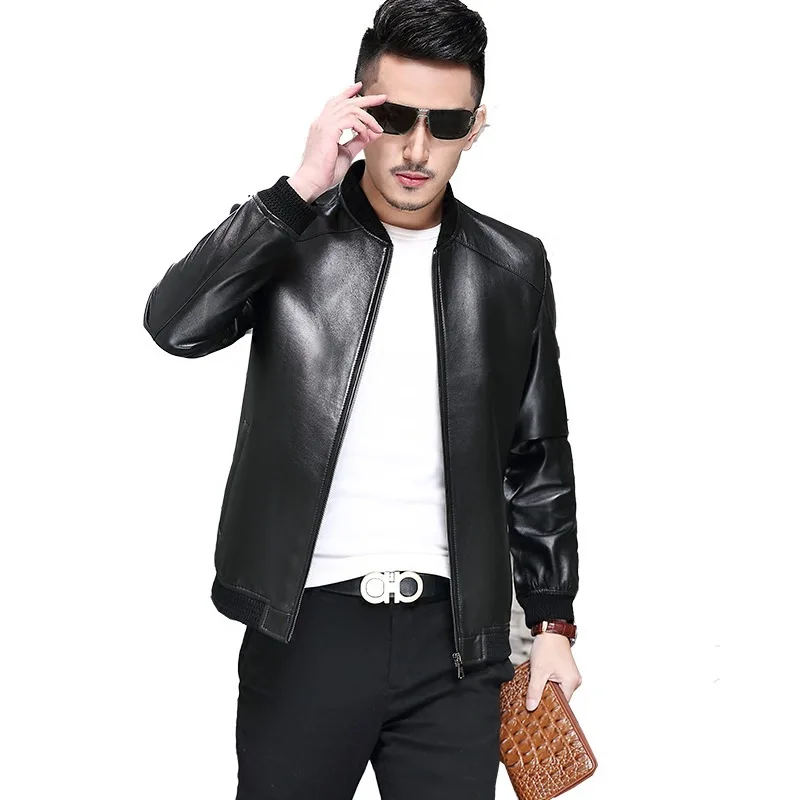 

Мужская кожаная куртка, Повседневная Красивая мужская куртка с Бейсбольным воротником, пальто из потертой кожи