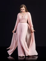 elegant v neck jumpsuit evening dress with long sleeve chiffon lace pant suit with removeable skirt formal occasion gowns prom