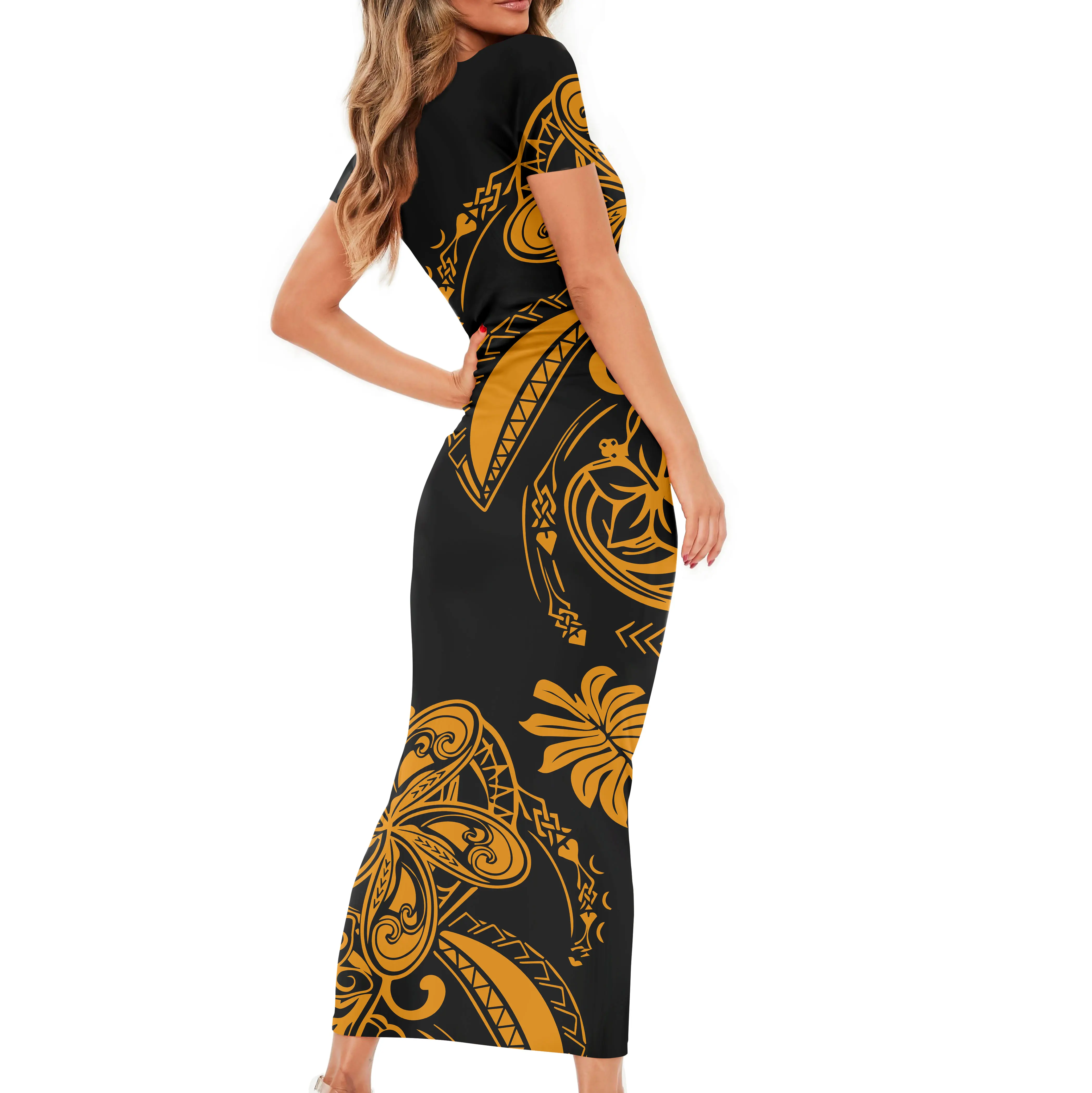 

Streetwear New Polynesian Tribal Print Women Sexy Bodycon 2021 Vintage Design O Neck Short Sleeve Maxi Dress Casual Clothing