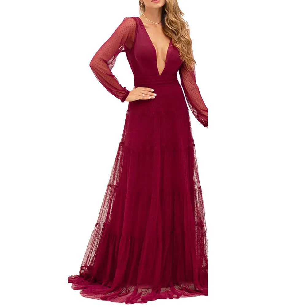 

Dress Autumn 2021 Solid Color Temperament Commute Lace Red V-neck Long Sleeve Backless Net Yarn Perspective Women's Dress