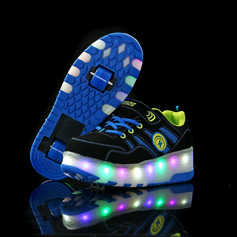 Hot Sale Kids Boys Shoes with Two Wheels Children Glowing Sneakers Led Light up For Boy Girl Shining Shoe Blue | Детская одежда и