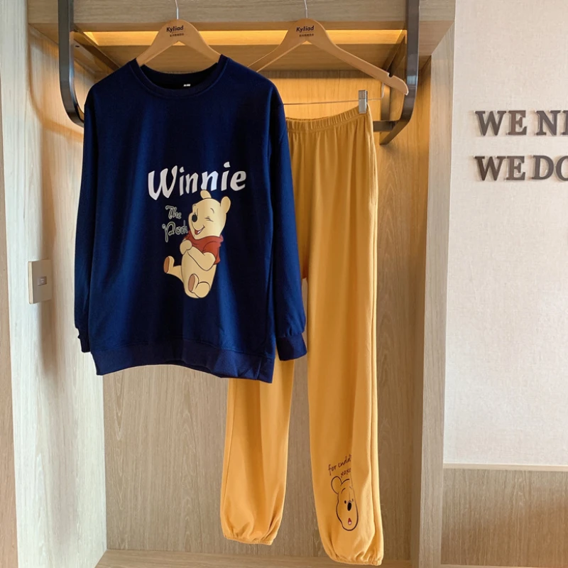 Disney Winnie the Pooh Cute Kawaii Pijama Mujer Blue Tops and Yellow Trouser Suits for Women Sleepwear Soft Women's Nightwear