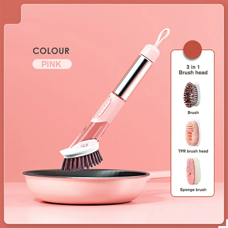 

3 In 1 Long Handle Cleaning Brush with Removable Brush Sponge Dispenser Dishwashing Brush Kitchen Cleaning Brush