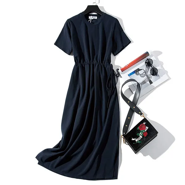 Длинное платье футболка женское летнее с поясом и разрезом на талии Повседневное