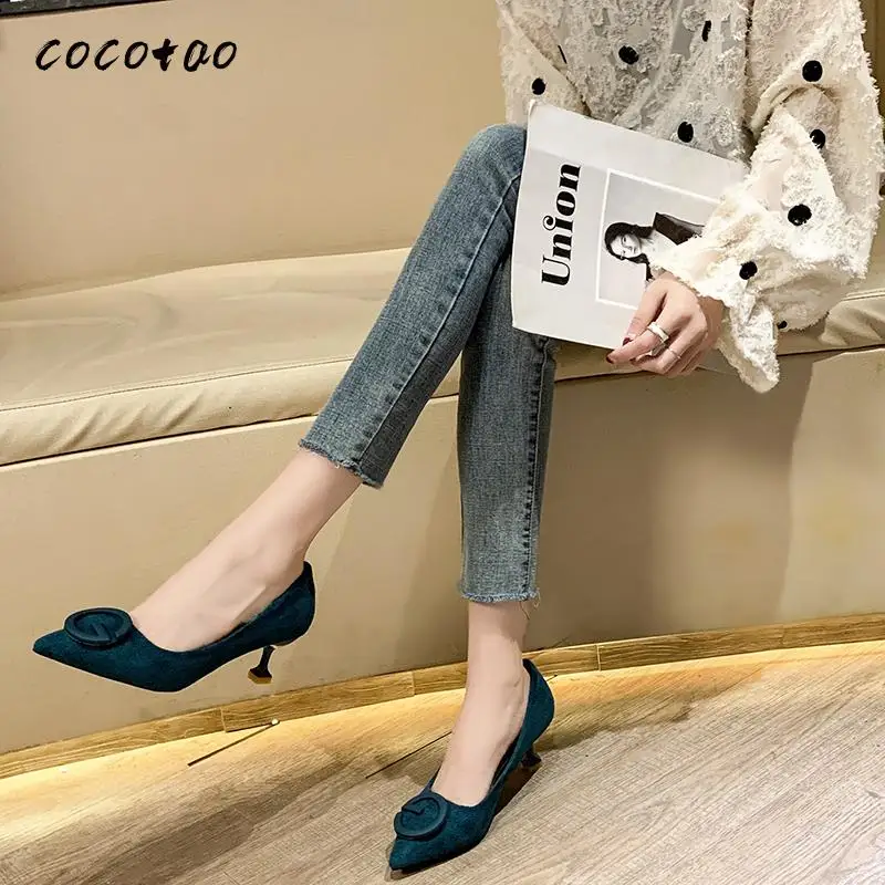 2020 женские замшевые туфли с острым носком на высоком каблуке шпильке в стиле