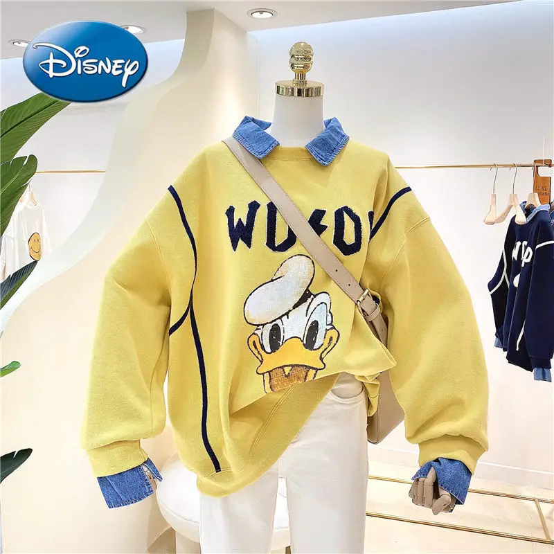 

Disney Donald Duck Sweater Women Fall/Winter Polo Collar Splicing Printed Loose Pullover Top