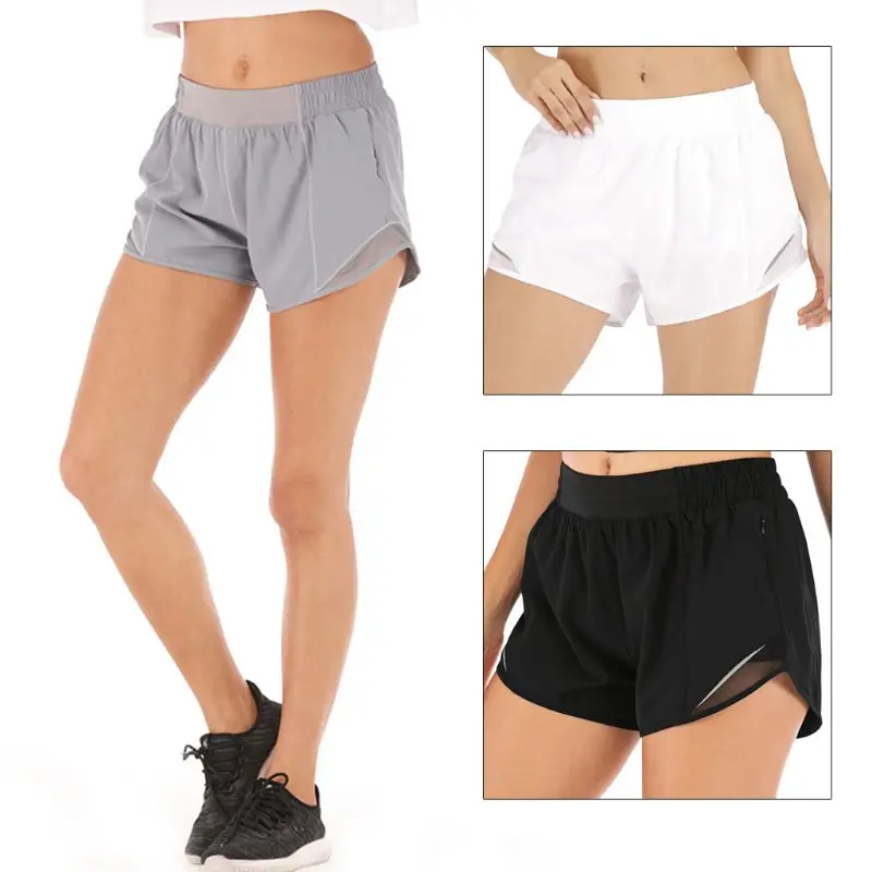

Women 2-In-1 Sport Workout Running Shorts Mesh Patchwork Solid Color Elastic Waist Quick Dry Loose Gym Athletic with Zipper Poc