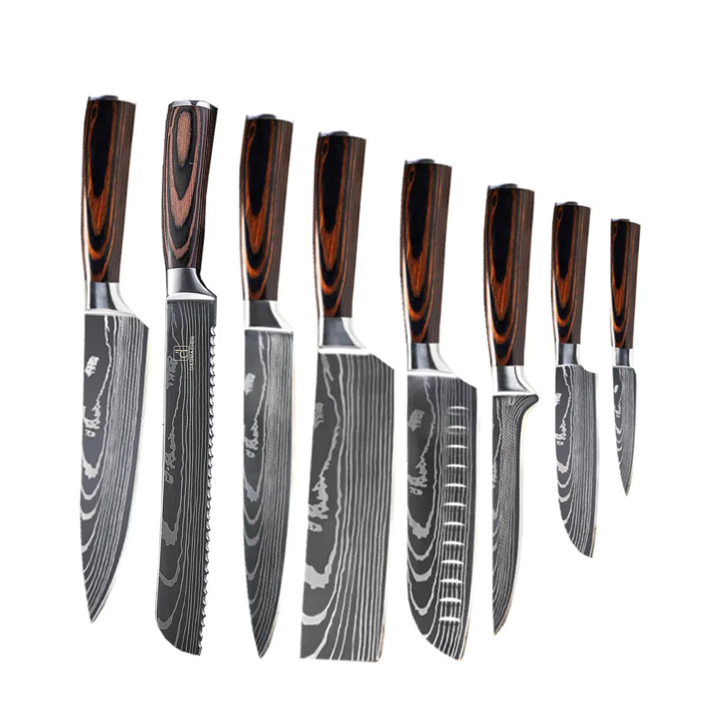 DAOMACHEN 8 sets kitchen knives Laser Damascus pattern chef knife Sharp Santoku Cleaver Slicing Utility Knives Free shipping