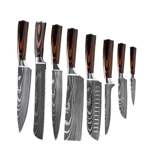Кухонные ножи DAOMACHEN, 8 наборов, с лазерным узором, дамасский узор, шеф-повар, острый нож, сантоку, универсальные ножи для нарезки, бесплатная д...