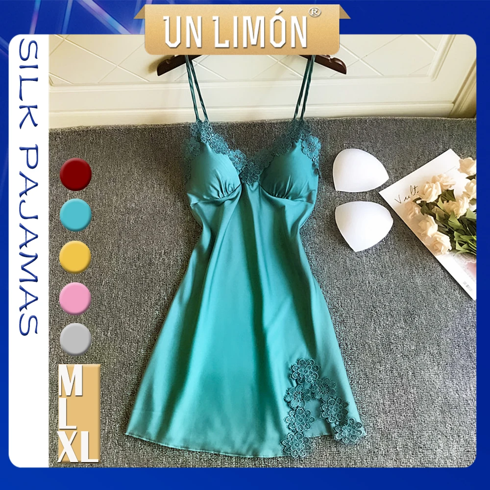 

UNLIMON Women Sleepwear Faux Silke Nightdress Vneck Lace Pajama