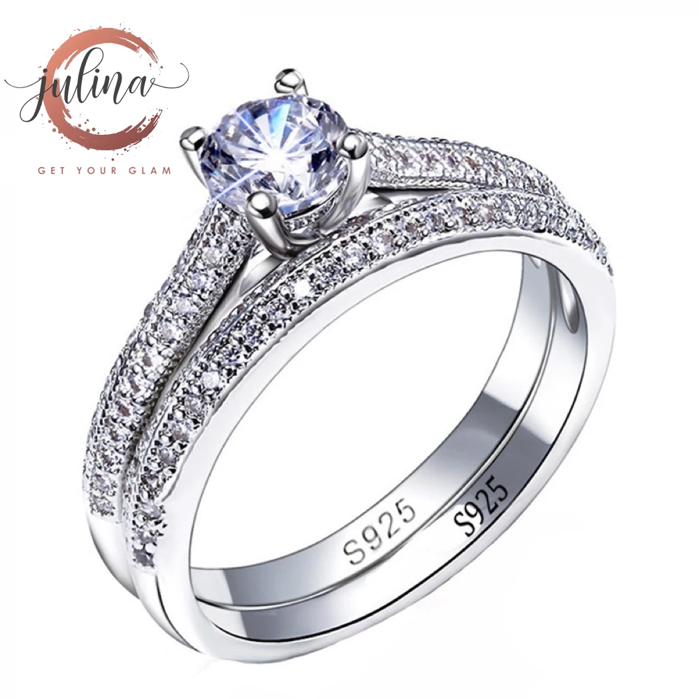 

Top Fashion Hypoallergenic S925 Sterling Silver Bridal Engagement Double Ring With Zircon Gemstone Birthstone Classic