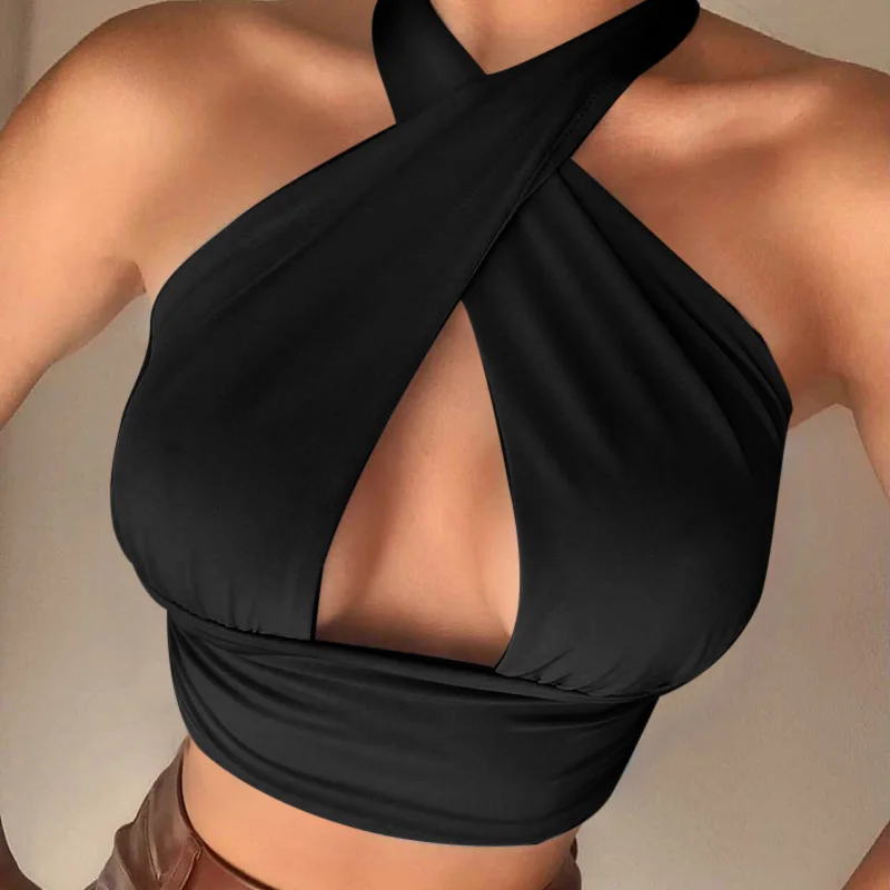 

Women Girl Sexy Tank Tops Summer Ladies Sleeveless Halter Cross Bandage Elegant Crop Top Female Streetwear Hollow Out Clothes