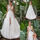 Свадебное платье без рукавов с V-образным вырезом, элегантное кружевное ТРАПЕЦИЕВИДНОЕ ПЛАТЬЕ со шлейфом, с разрезом, свадебное платье