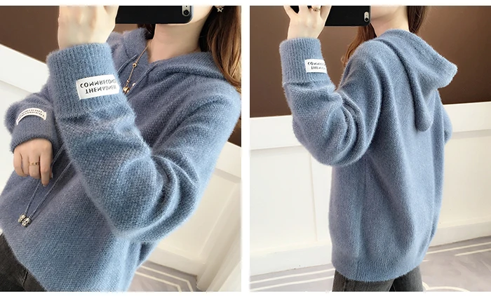 Surmiitro Mink Cashmere Knitted Hoodies Women Autumn Winter Korean Kpop Long Sleeve Hooded Sweatshirt Female Pullover Blue