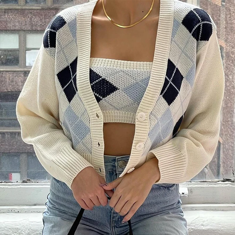 

Женский осенний костюм для отдыха, Женский клетчатый однобортный трикотажный кардиган со стразами и V-образным вырезом и длинным рукавом + к...