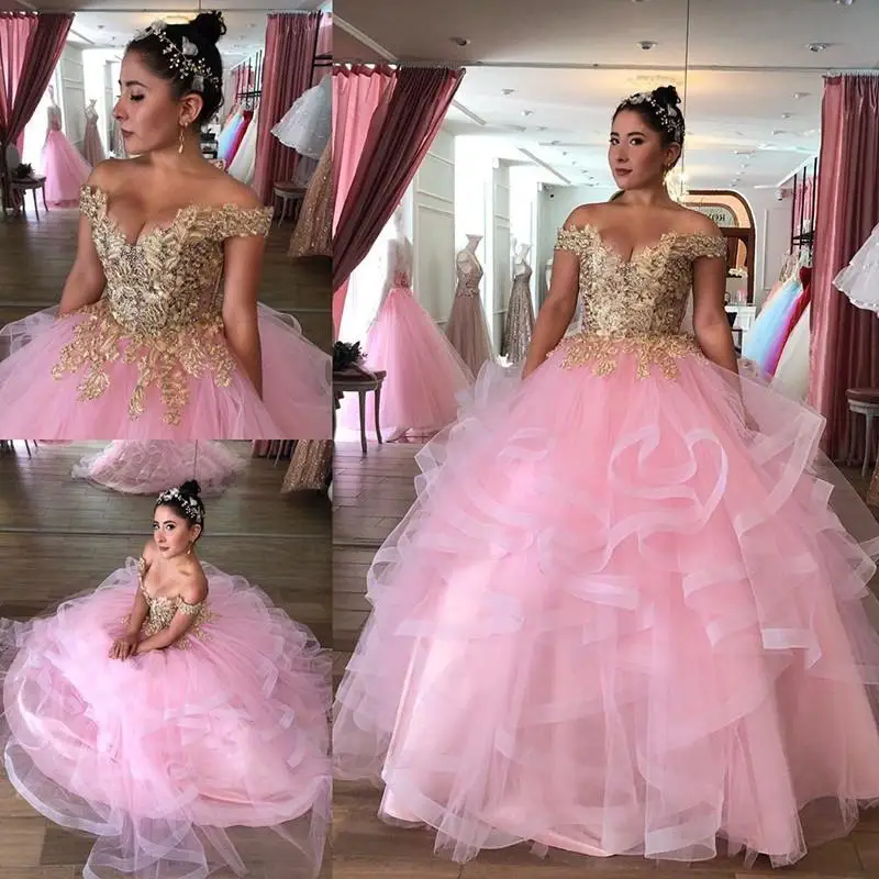 

Pink Lace Beaded Quinceanera Prom Dresses 2020 Sweetheart Tiers Ball Gown Tulle Evening Party Sweet 16 Dress Quinceanera dresses
