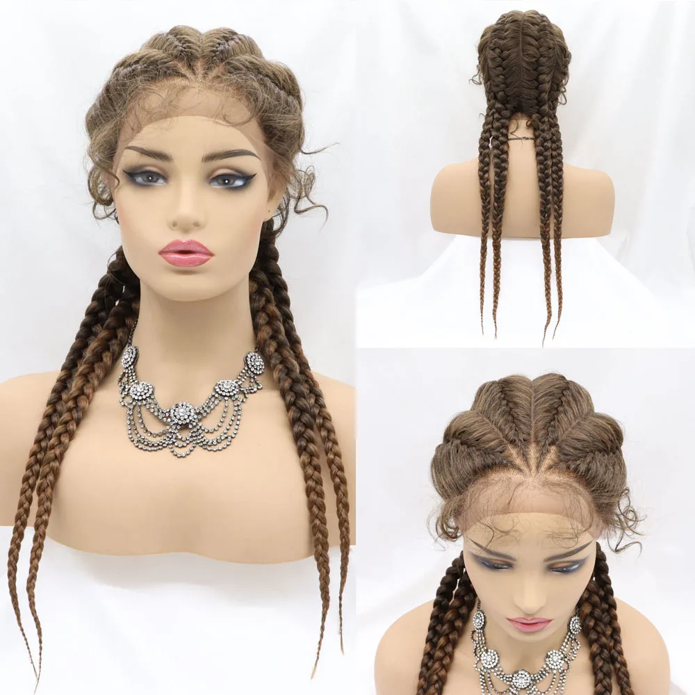 Melody Long Blonde Brown 4 Braided Wig 360 Full Lace Natural Wig Box Braid Wig 1b# Color Cornrow Braid with Baby Hair Halloween