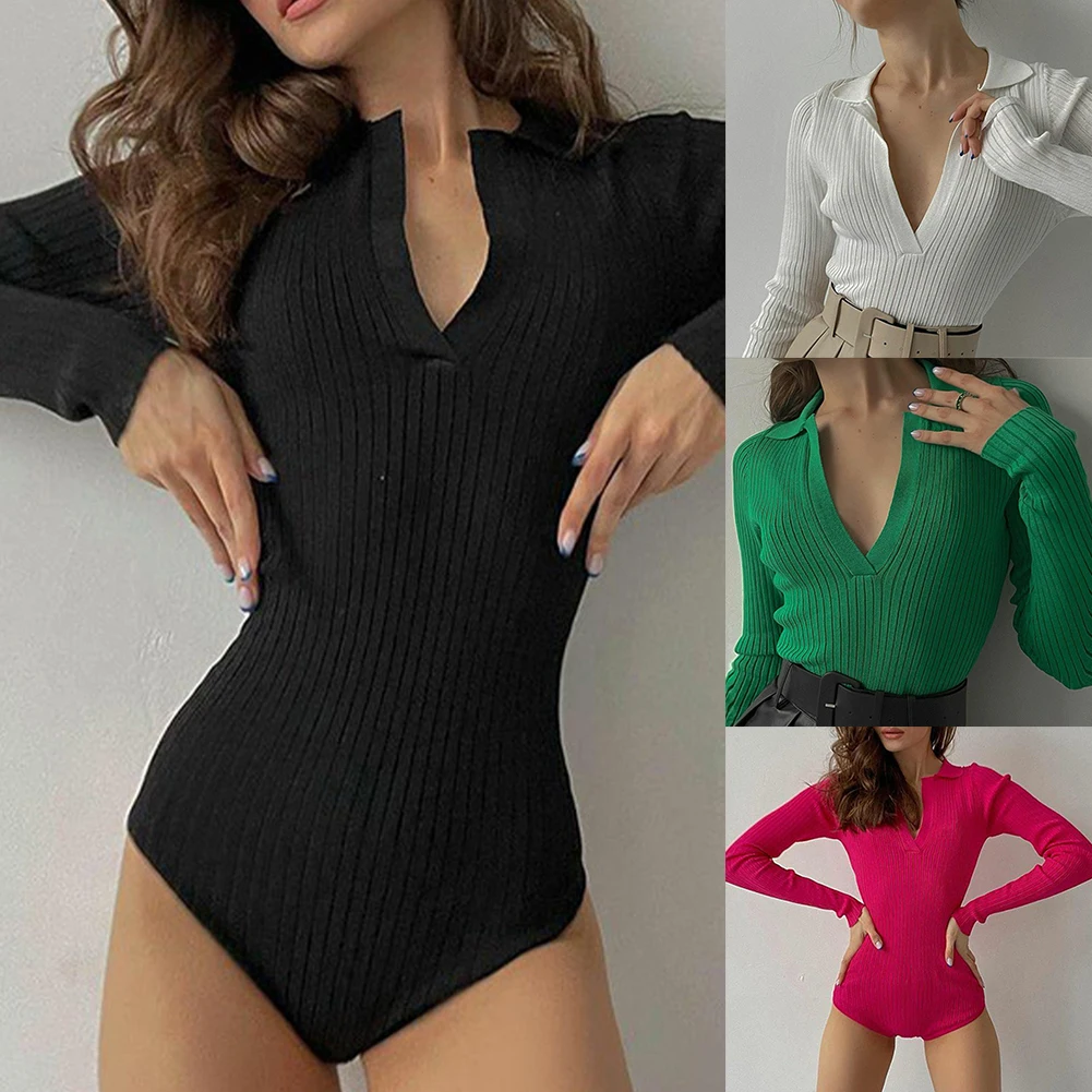 

Spring Autumn V-Neck Long Sleeve Ribbed Knit Bodysuit Women Skinny Tops Elegant Bodysuits Tight-Fitting Warm Bottoming Shirt