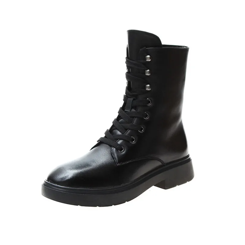

Fashion 2019 Autumn winter Mid-tube women's boots new Keep warm women's leather boots Lace-up casual British wind Martin boots