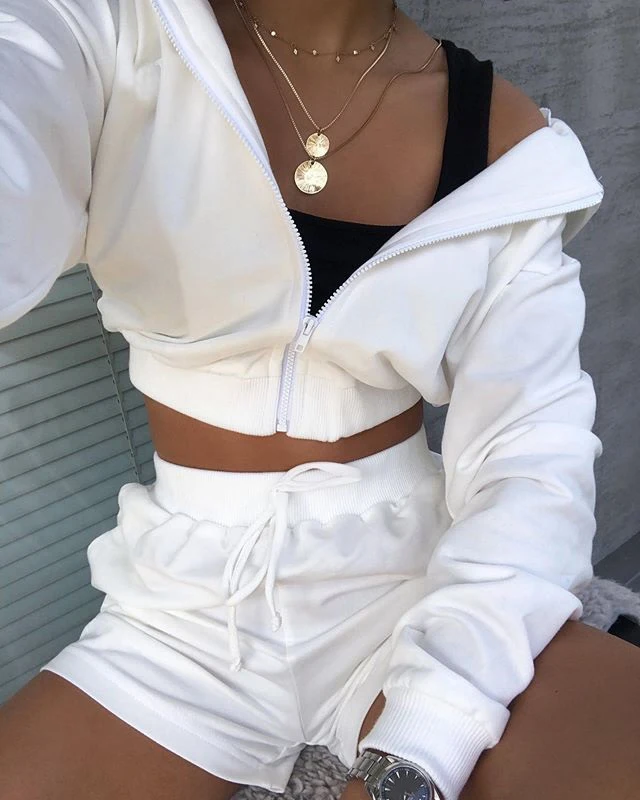 

Hirigin 2pcs Sports Women Sets Casual Female Long Sleeve Zipper Hooded Tops+High Wait Shorts Outfits Autumn Clothing Suit 2020