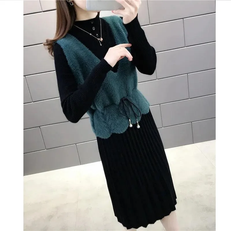 

Long-sleeved Dress Female New Spring And Autumn Brand Fashion All-match Girl Waist Knitted Vest Two-piece Dress Mid-length