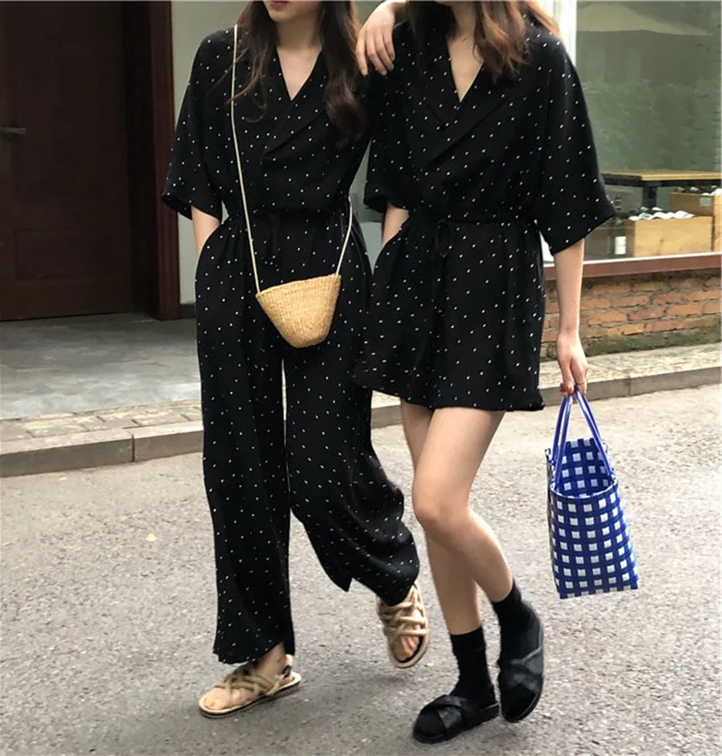 Женский шифоновый комбинезон в горошек винтажный с V образным вырезом и коротким