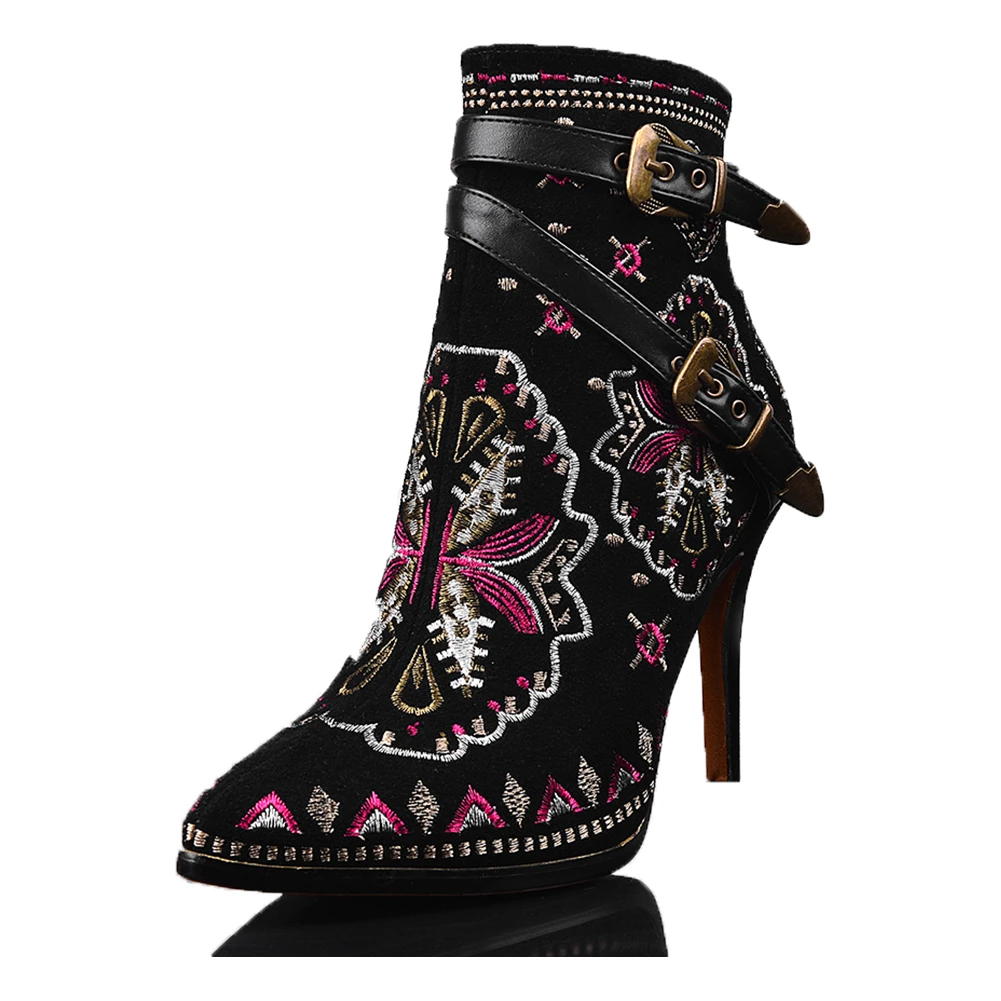 

RIBETRINI New Fashion Women Ankle Shoes Women Pointed Toe Thin High Heels Zip Buckle Embroider Boots Rivet Boots