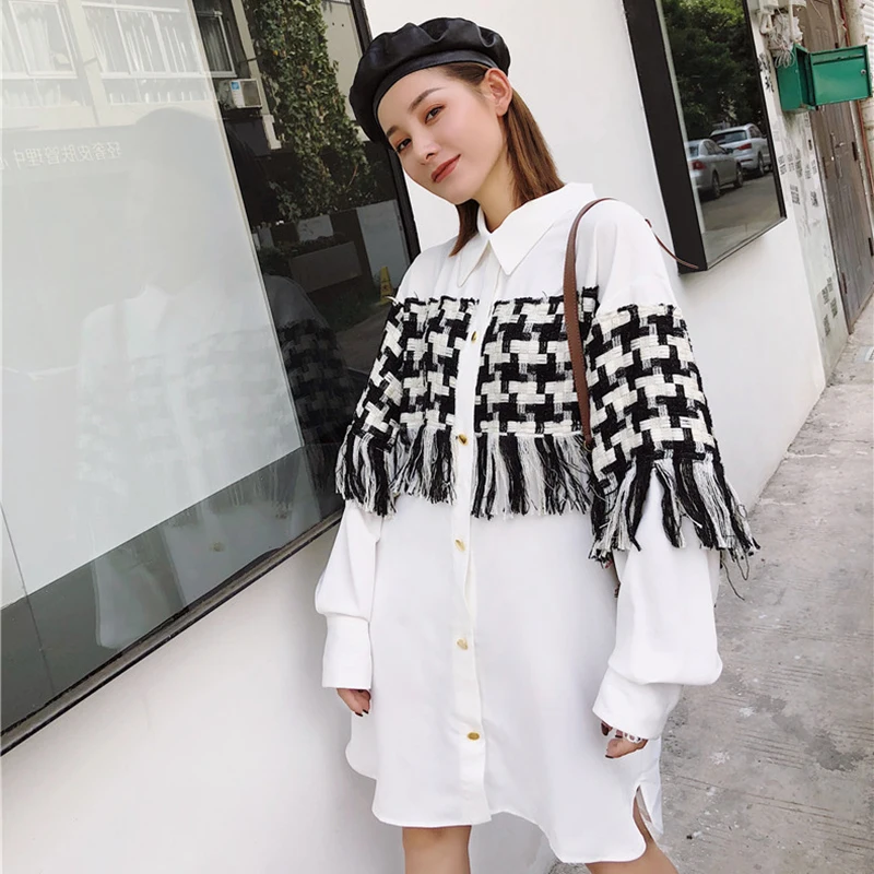 

Women Chic Plaid Tassels Loose Patchwork Shirt Dress Casual Single Breasted Long Sleeve Dress