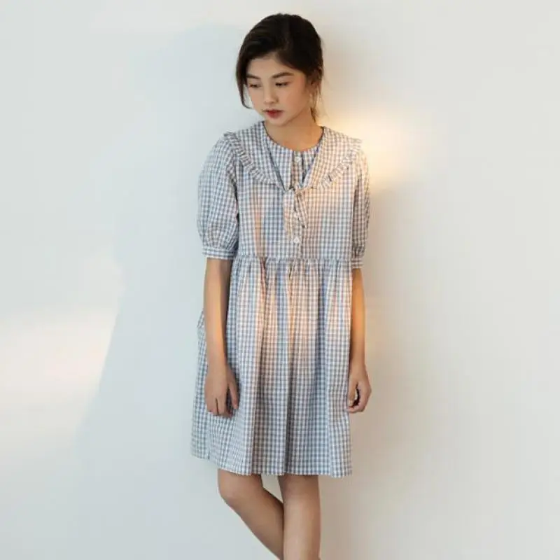 

2021 Fashion Plaid Dress For Girls Summer Short Sleeve Knee Length Loose Hem Dresses Children Kids Casual Gowns Clothing
