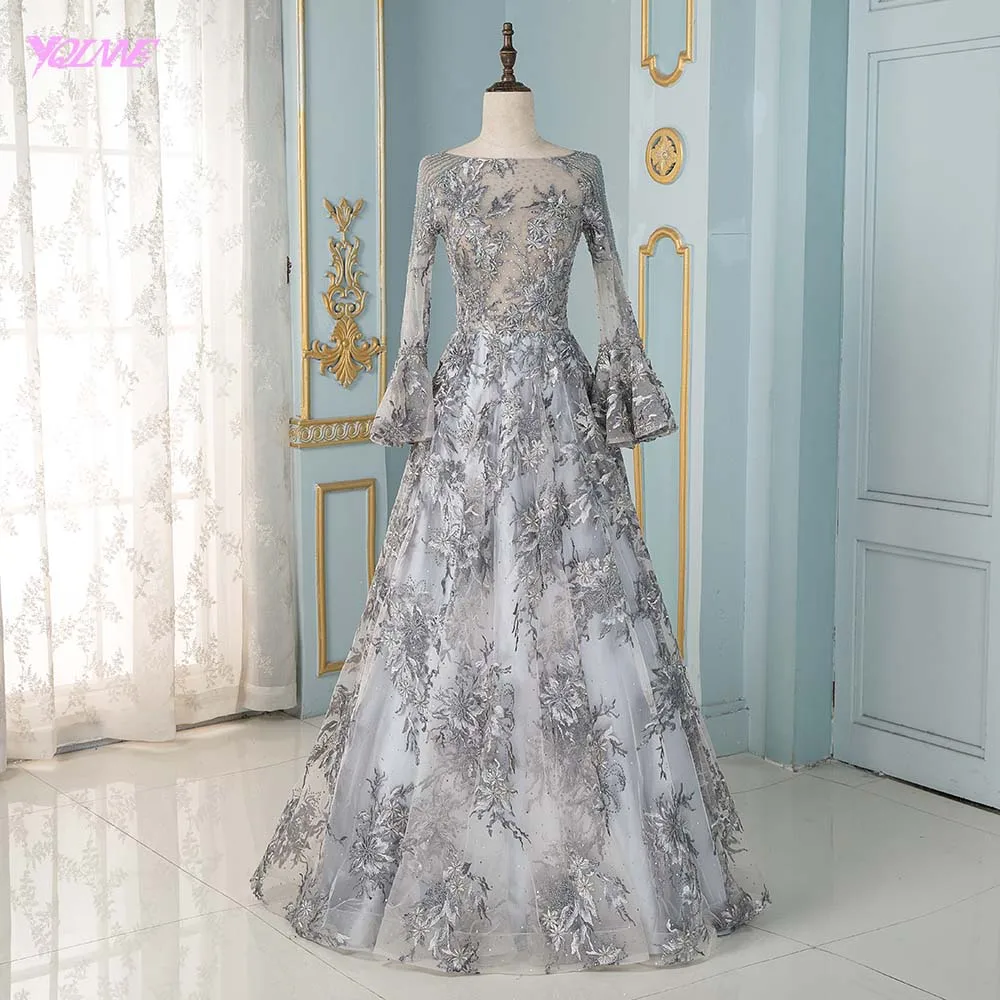 Elegant Gray Full Sleeve Embroidery Evening Dress Long Beaded Formal Gown Aline Dresses | Свадьбы и торжества