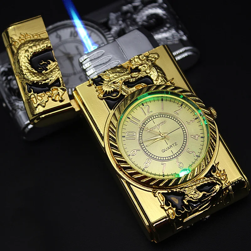 

Luxurious Gold Watch Jet Lighter Torch Turbo Gas Lighter Windproof Cigar Cigarette Metal Lighters Led Inflated Gasoline Butane