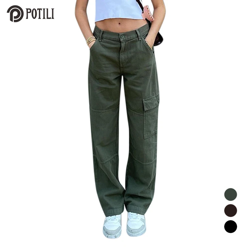 

Зеленые винтажные мешковатые джинсы POTILI, женские широкие брюки-карго с карманами, уличная одежда, повседневные прямые джинсовые брюки с низ...