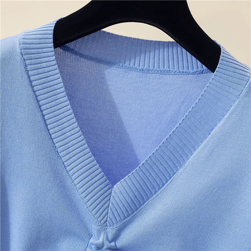 

M-4XL Casual Sexy solid Knitted Short Sleeve Tops Women Summer Thin Short T-Shirt Fashion Plus Size 4XL V-Neck Tees Female