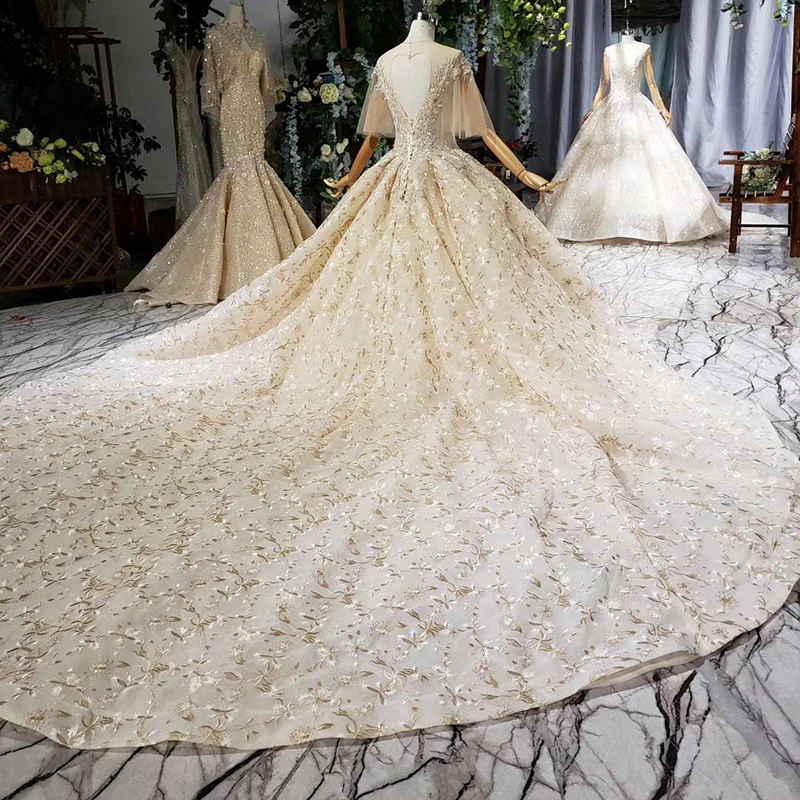 Женские свадебные платья HTL749 с о-вырезом и блестками коротким рукавом открытой