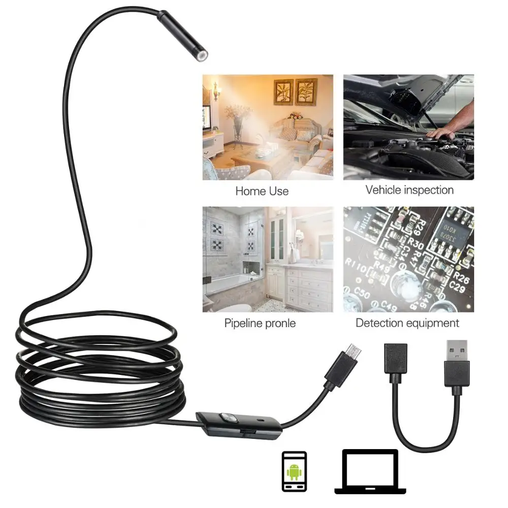 

7mm Endoscope Camera Micro USB OTG Type C Waterproof 6 Adjustable LEDs Inspection Borescope Camera For Android Phone & Computer