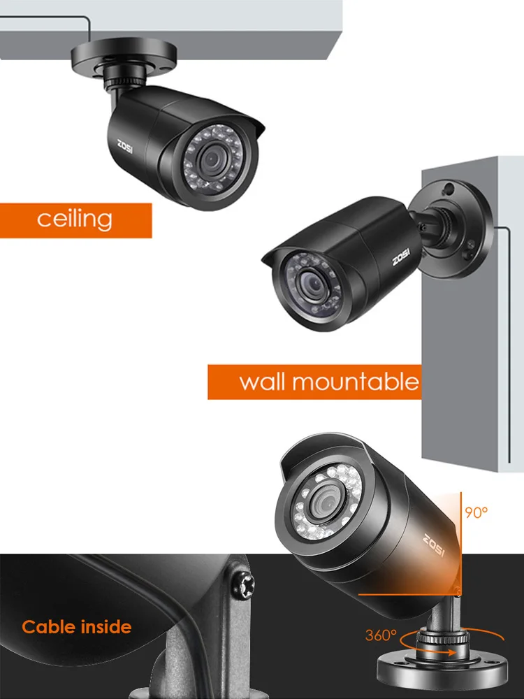 ZOSI 1080P TVI 3,6 мм CCTV Водонепроницаемая камера видеонаблюдения для дома с 24 светодиодами, поддержка ночного видения TVI, гибридный видеорегистратор BNC