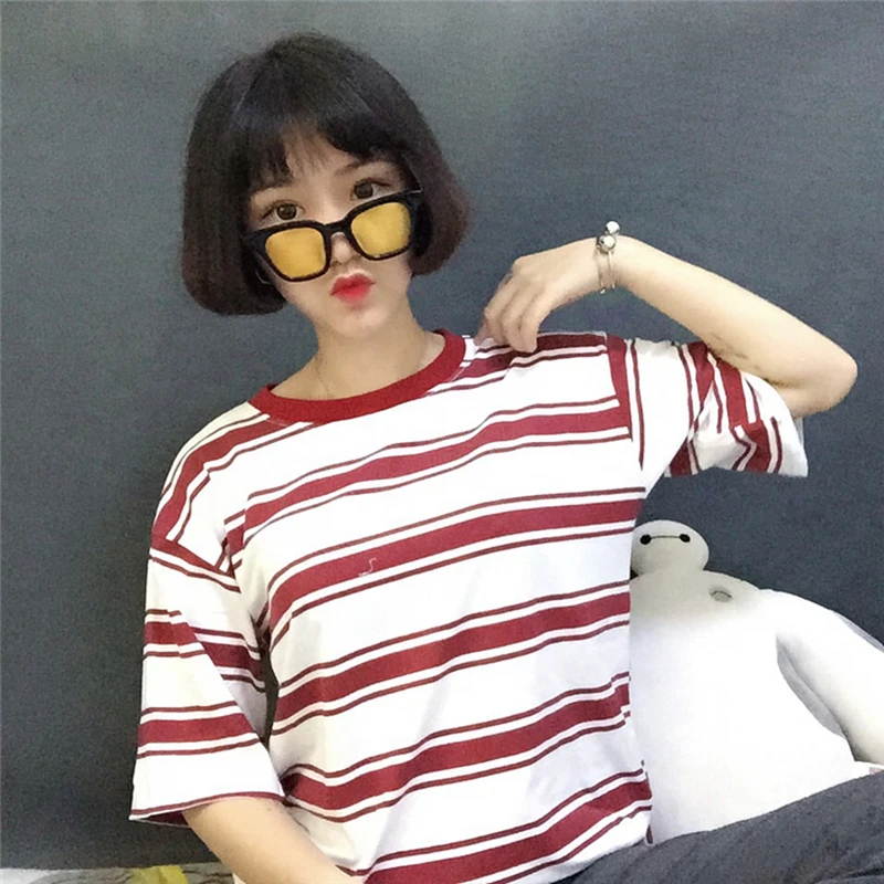 2019 свободная полосатая футболка для колледжа Харадзюку Женская Повседневная с