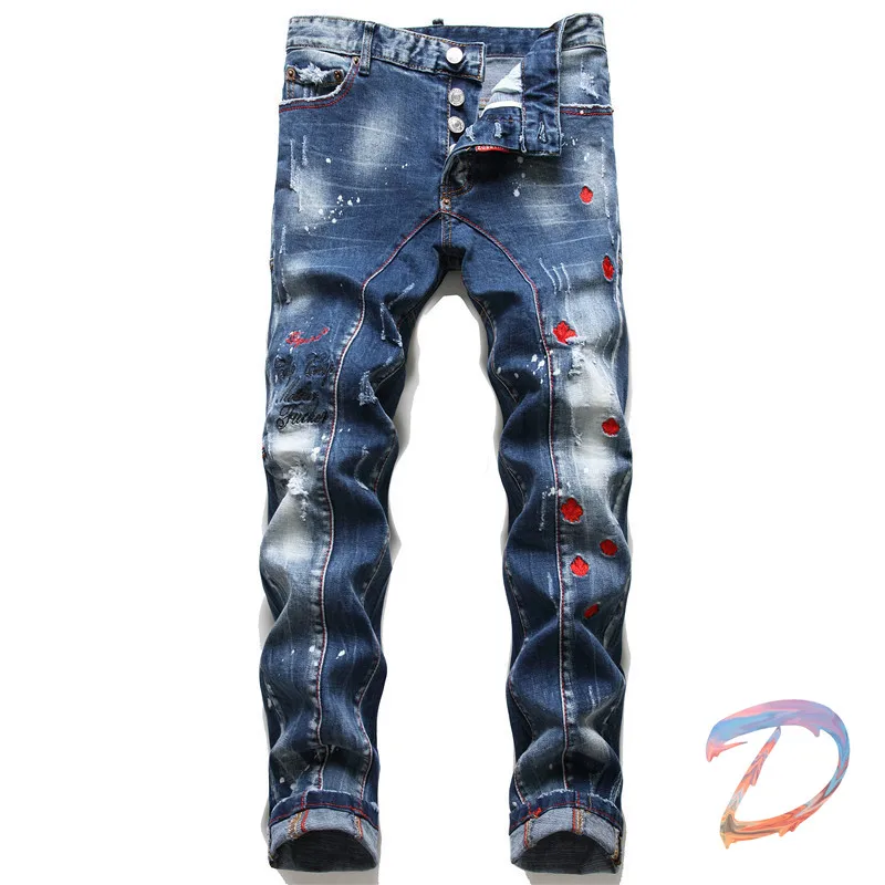 

DSQ Patch Jeans Best Quality Red Maple Leaf Embroidery Washed High-end Dsquared2 Denim Pants