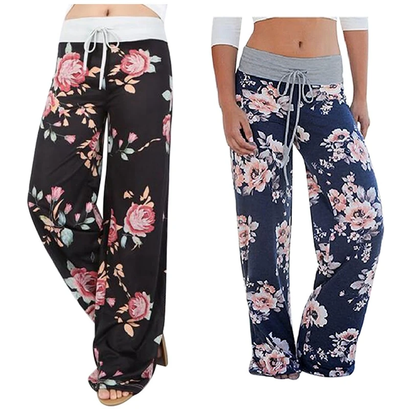 

ELOS-2 Pcs Women's Joggers Pants Sports Yoga Pants Trousers Wide Leg Pant High Waist Sweatpants Size M Black & Blue
