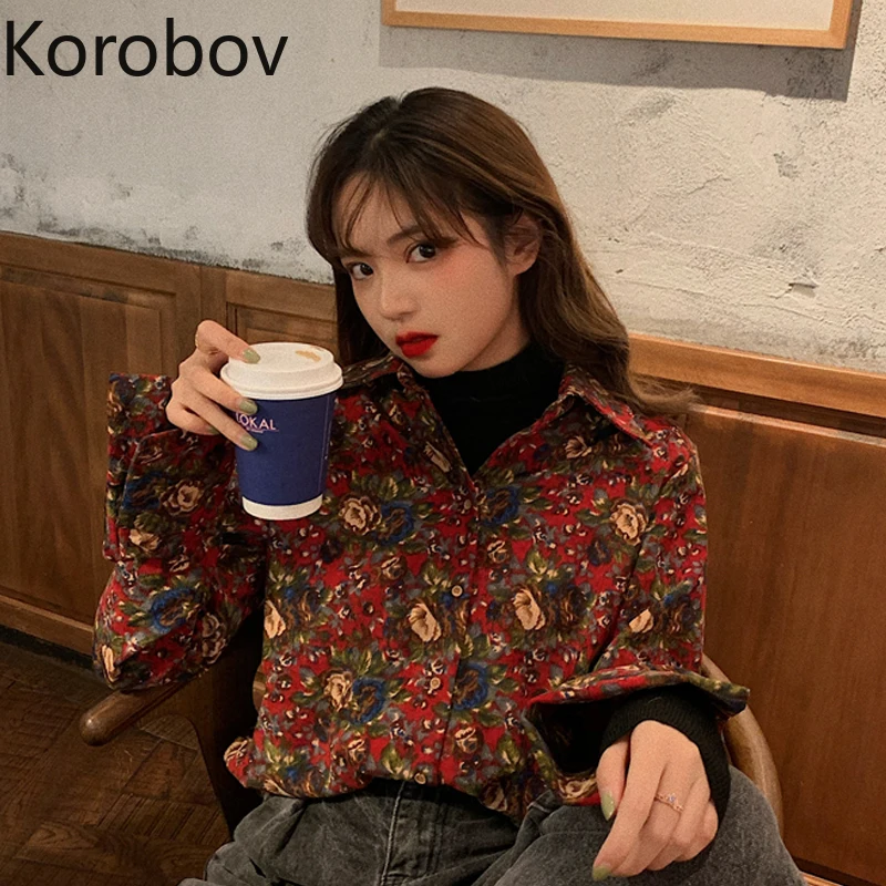 Korobov Ретро стиль цветочный узор Корейская блуза длинный рукав отложной воротник