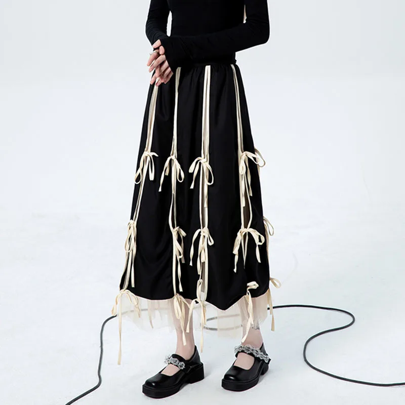 

Bow Mesh Vintage Skirts For Women High Waist Patchwork Female Hit Color Midi Skirt Fashion New Clothing Tide