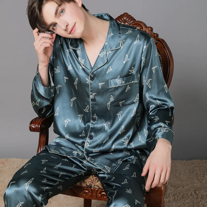 

Men's Printed Sleepwear Pajamas Spring Summer Long-sleeved Silk Thin Pajamas Suit Male Trousers Luxury Men Clothing Homewear