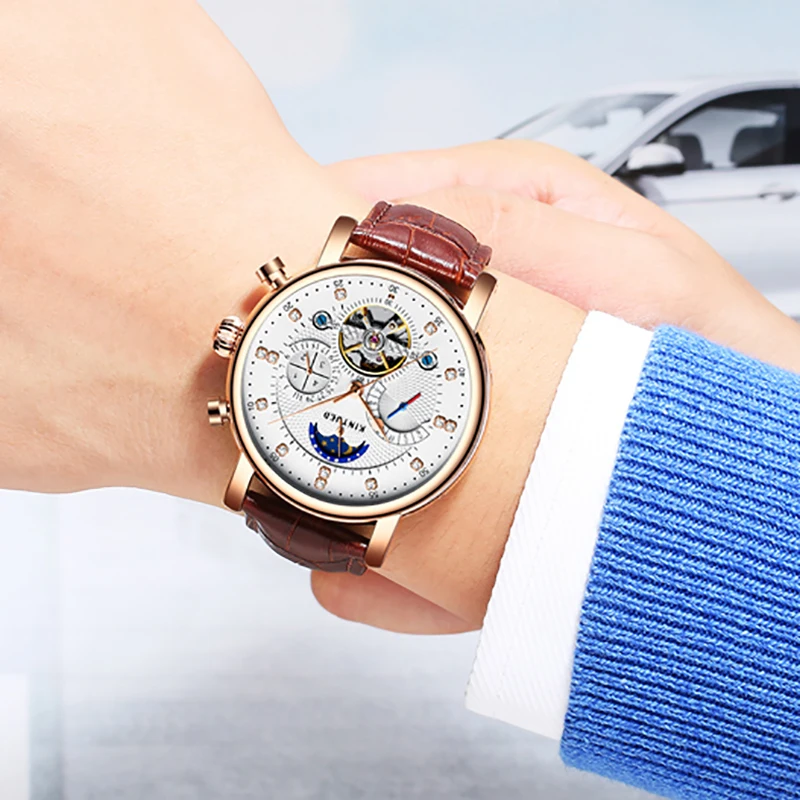 

KINYUED Automatic Self-Wind Watch Men Black Gold Perpetual Calendar Mechanical Wristwatches Tourbillon Moon Phase Relojes Hombre