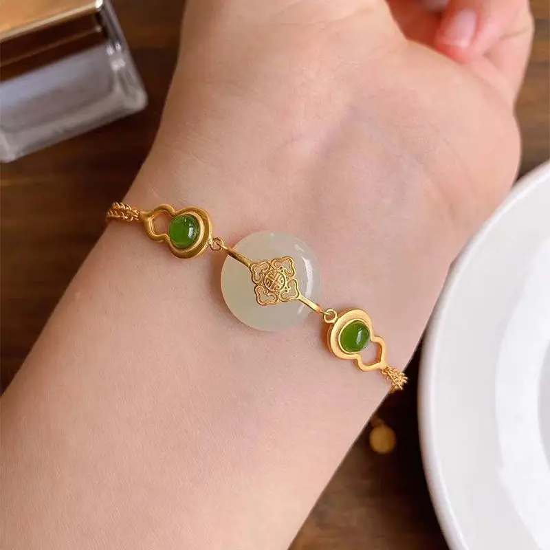 

new inlaid natural Hotan Chalcedony gourd Bracelet Chinese style retro unique ancient gold craft charm women's brand jewelry